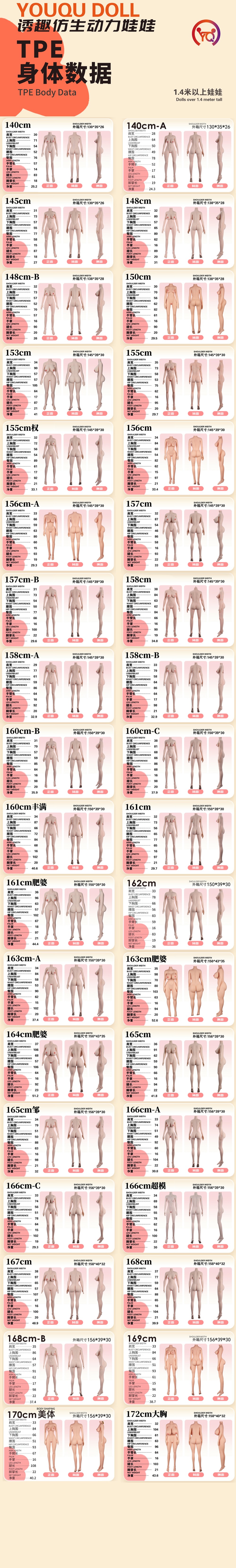 TPE doll body shape and measurement chart