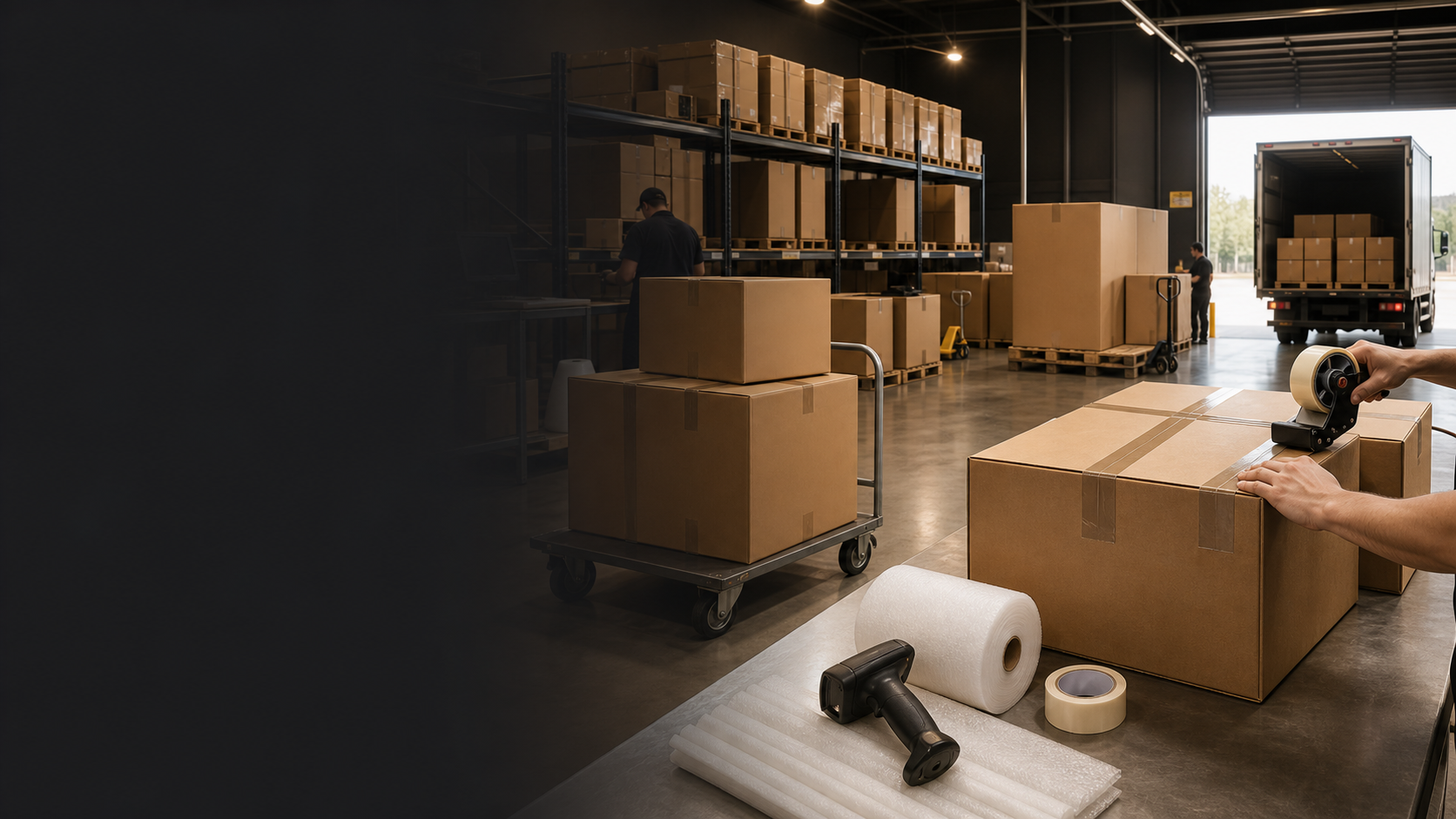 Plain unbranded cartons prepared for discreet adult doll shipping in a professional warehouse
