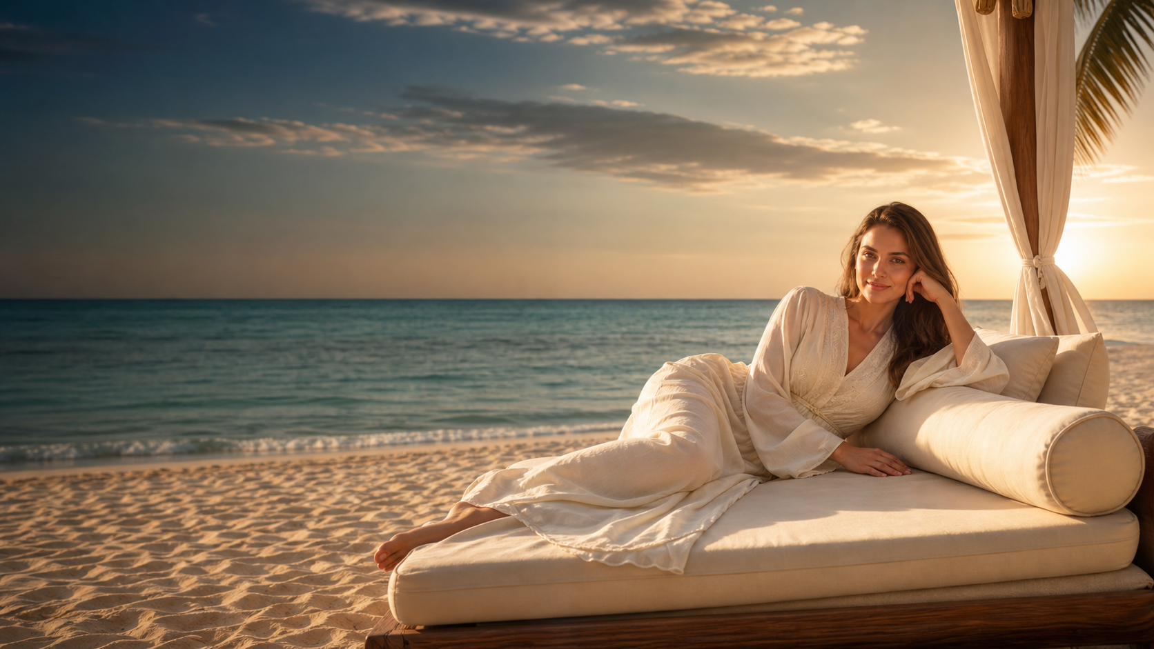 Elegant woman relaxing at a beach resort